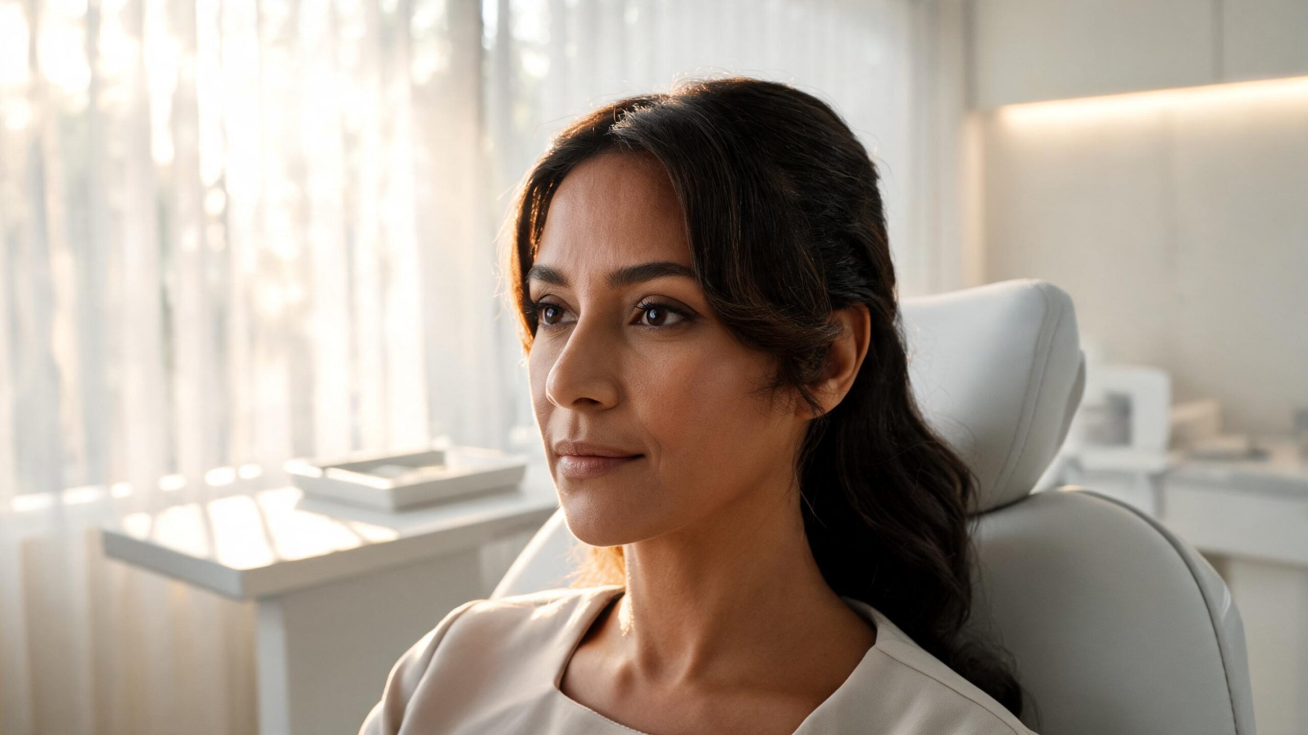 Mujer en consulta recibiendo una valoración facial integral con análisis profesional de proporciones y armonía del rostro.